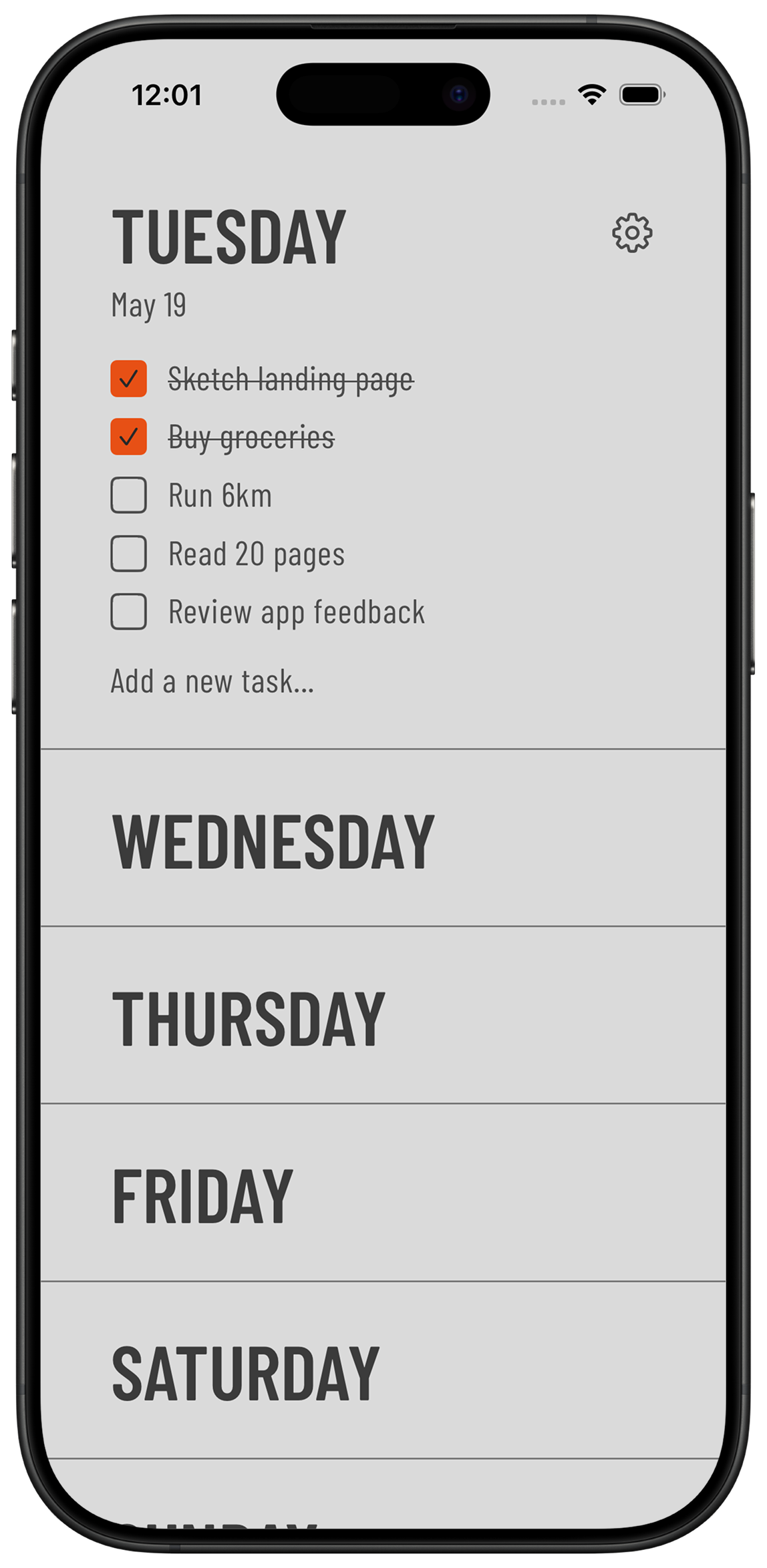 Weeklane weekly checklist shown on an iPhone
